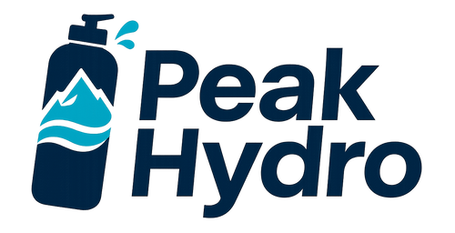 Logo design for a sports water bottle brand called 'PeakHydro'. Modern, clean, and minimalistic style. Text should be clearly visible and contrasting with the background. Incorporate elements of water, hydration, and athletic performance. Bold, energetic colors, easy to read, suitable for digital and print. Icon or symbol optional, representing a water bottle or splash. Vector style, professional branding, sleek and dynamic